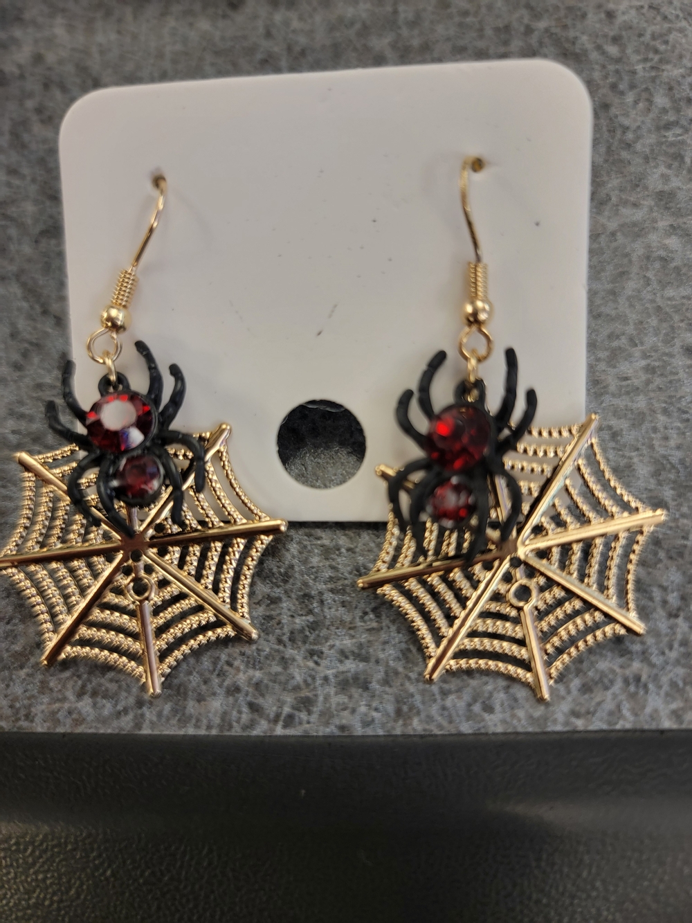 Gold Spider Web Drop Earrings with Red Gem Accents